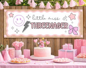 Banner de cumpleaños "Pequeña Señorita de Tres Años" / Decoración para fiesta de tercer cumpleaños "Coqueta Rosa" (Descarga digital)