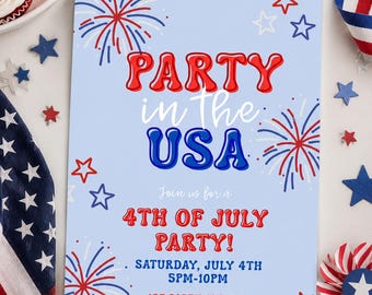 May include: A light blue rectangular party invitation featuring red and blue firework illustrations and stars. The text reads: PARTY in the USA, Join us for a 4TH OF JULY PARTY!, SATURDAY, JULY 4TH 5PM-10PM, 123 PARTY AVENUE ANYWHERE, TX.