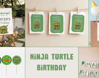 May include: A collection of Ninja Turtle-themed birthday party decorations. Includes a welcome sign, gift bags, cupcake toppers, and a banner that reads "Happy Birthday." The color scheme is green, white, and brown.