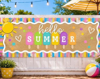 May include: A colorful banner with the words "hello SUMMER" and popsicle illustrations. The banner has a brown background with a white wavy border and is decorated with hearts and polka dots. A yellow sun is on the left.