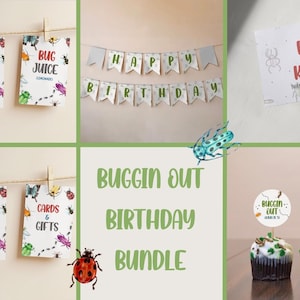 以下が含まれることがあります： 昆虫をテーマにした誕生日のパーティーデコレーションのコレクション。「Creepy Crawly」や「Bug Hunt」などのフレーズが書かれたサイン、バナー、カップケーキトッパー、「Bugs & Kisses」と書かれたサインが含まれています。