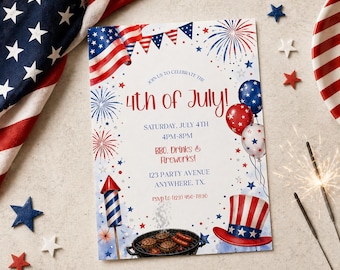 Invitación de cumpleaños para el 4 de julio / Invitación a una barbacoa patriótica (Descarga digital)