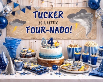Pancarta de cumpleaños con temática de cuatro tornados / Decoración para fiestas temáticas del clima (Descarga digital)