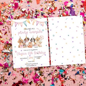 Puede incluir: Dos invitaciones de cumpleaños sobre un fondo rosa salpicado de confeti. Las invitaciones presentan ilustraciones de perros con sombreros de fiesta y el texto "Calling All Pawty Animals" y "Olivia's 6th Birthday".