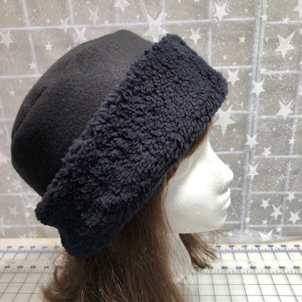 Adult Sherpa Fleece Pillbox Hat, Minky Fleece black hat, Women's Winter Hat, Fleece Hat