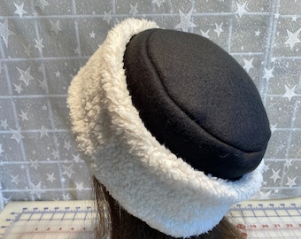 Adult Sherpa Fleece Pillbox Hat, Minky Fleece black hat, Women's Winter Hat, Fleece Hat