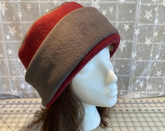 Adult Fleece PILLBOX Hat, Gray/Burgundy fleece hat, Women's Fleece Hat, Women's Winter Hat