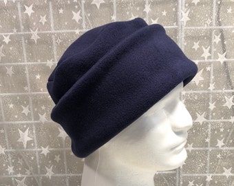 Adult Fleece PILLBOX Hat, Dark Navy Blue fleece hat, Men's Fleece Hat, Women's Fleece Hat, Women's Blue Winter Hat