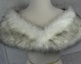 Faux Fur Shrug, Medium White/Black Husky Faux Fur Shawl, Fur Stole, Wedding Shoulder Wrap