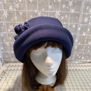 Navy Fleece Hat with rose, Women&#39;s Winter Hat, Winter Fleece Hat, Navy Fleece Hat