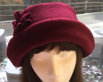 Bayberry burgundy Fleece Hat with rose, Women's Winter Hat, Winter Fleece Hat, Burgundy Fleece Hat