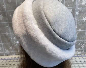 Snow White Beaver FAUX FUR HAT, Pillbox Style Hat, Women's gray Winter Fur Hat, White Fur Hat