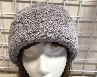 Adult Sherpa PILLBOX Hat, medium gray Minky Sherpa Cuddle hat, Women&#39;s Winter Hat