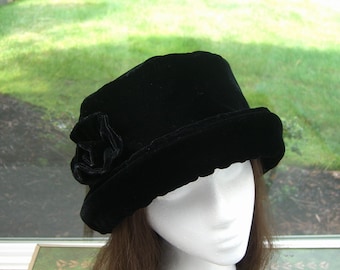 Rich Black VELVET Hat with velvet rose, Women's Velvet Hat, Winter Velvet Hat, Black Velvet Hat