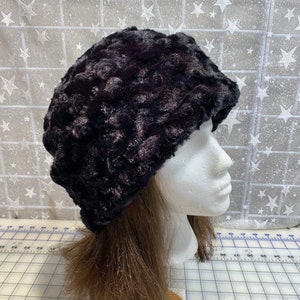 Adult Roseminky PILLBOX Hat, rich black rose minky hat, Women&#39;s Winter Hat
