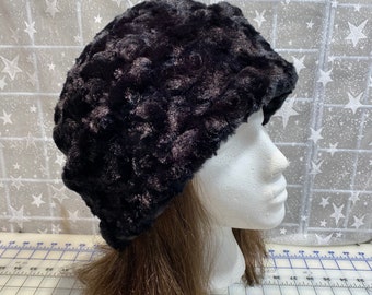 Adult Roseminky PILLBOX Hat, rich black rose minky hat, Women's Winter Hat