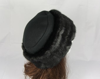 Rich Black Mink FAUX FUR HAT Pillbox Style, Women's Winter Fur Hat, Black Fur Hat