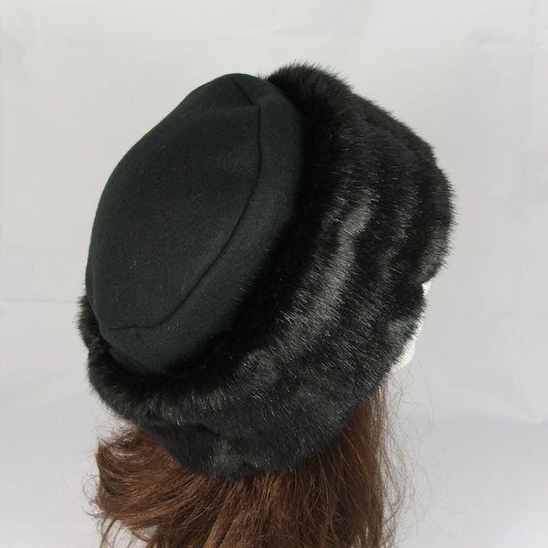 Rich Black Mink FAUX FUR HAT Pillbox Style, Women's Winter Fur Hat, Black Fur Hat