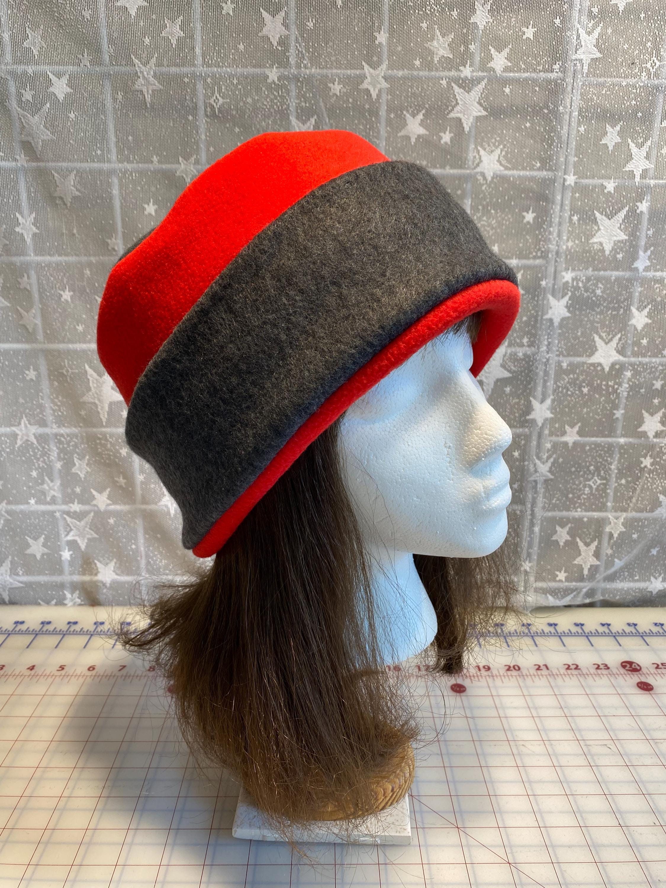 Adult Fleece Pillbox Hat, Gray/Red Fleece Hat, Women's Fleece Hat, Women's Winter Hat, image size:2250x3000