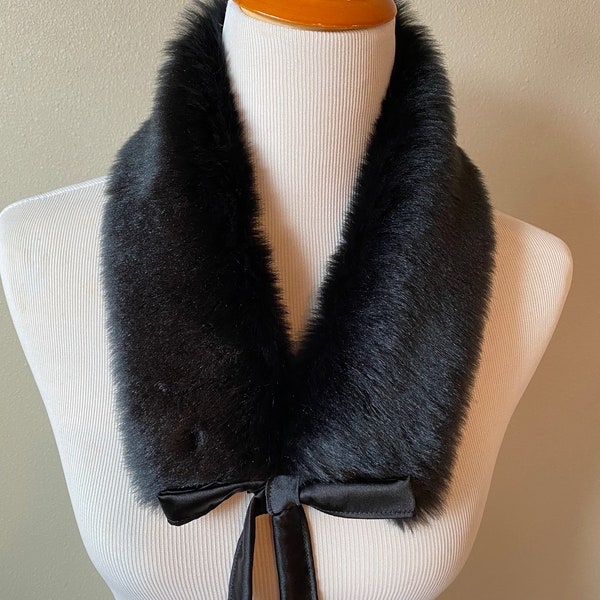 Faux Fur COLLAR, Fur Scarflette with satin ribbon ties, Women's Fur Neckwarmer, Black faux Fur Collar