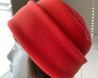 Adult Fleece PILLBOX Hat, Coral fleece hat, Women's Fleece Hat, Women's deep coral Winter Hat