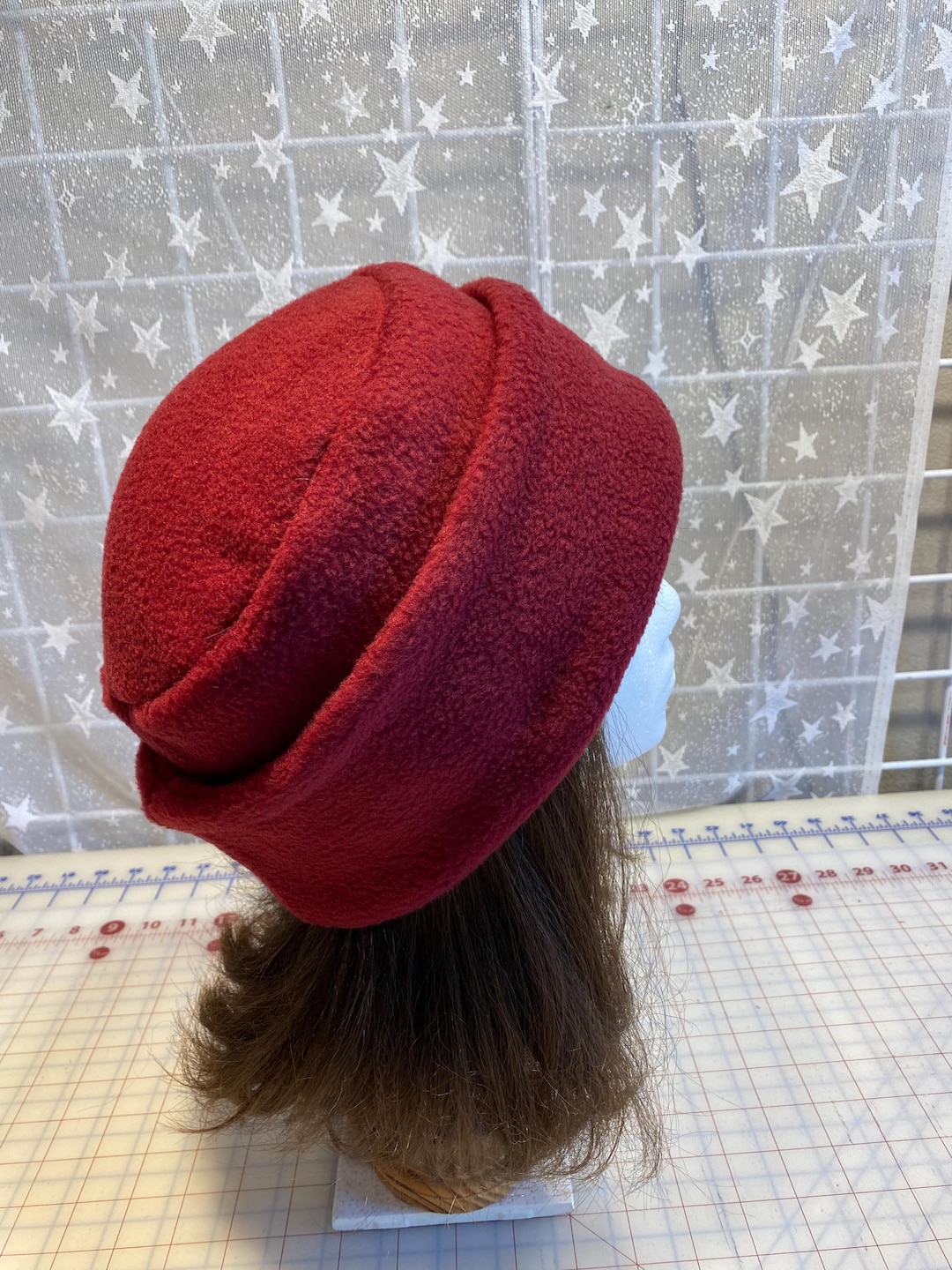 Handmade Burgundy Fleece Pillbox Hat, Warm Winter Headwear  display picture 3