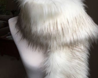 Faux Fur Scarf, Creamy White husky/Brown Tip Faux Fur Scarf, Women&#39;s Long Winter Fur Scarf
