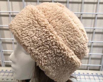 Adult Sherpa PILLBOX Hat, creamy Camel Minky Sherpa Cuddle hat, Women's Winter Hat