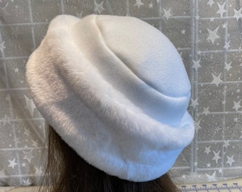 Snow White Beaver FAUX FUR HAT, Pillbox Style Hat, Women's Winter Fur Hat, White Fur Hat