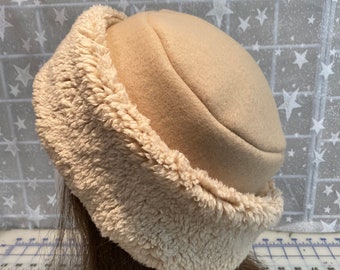 Adult Sherpa Fleece Pillbox Hat, Minky Fleece hat, Women's Winter Hat, camel Fleece Hat