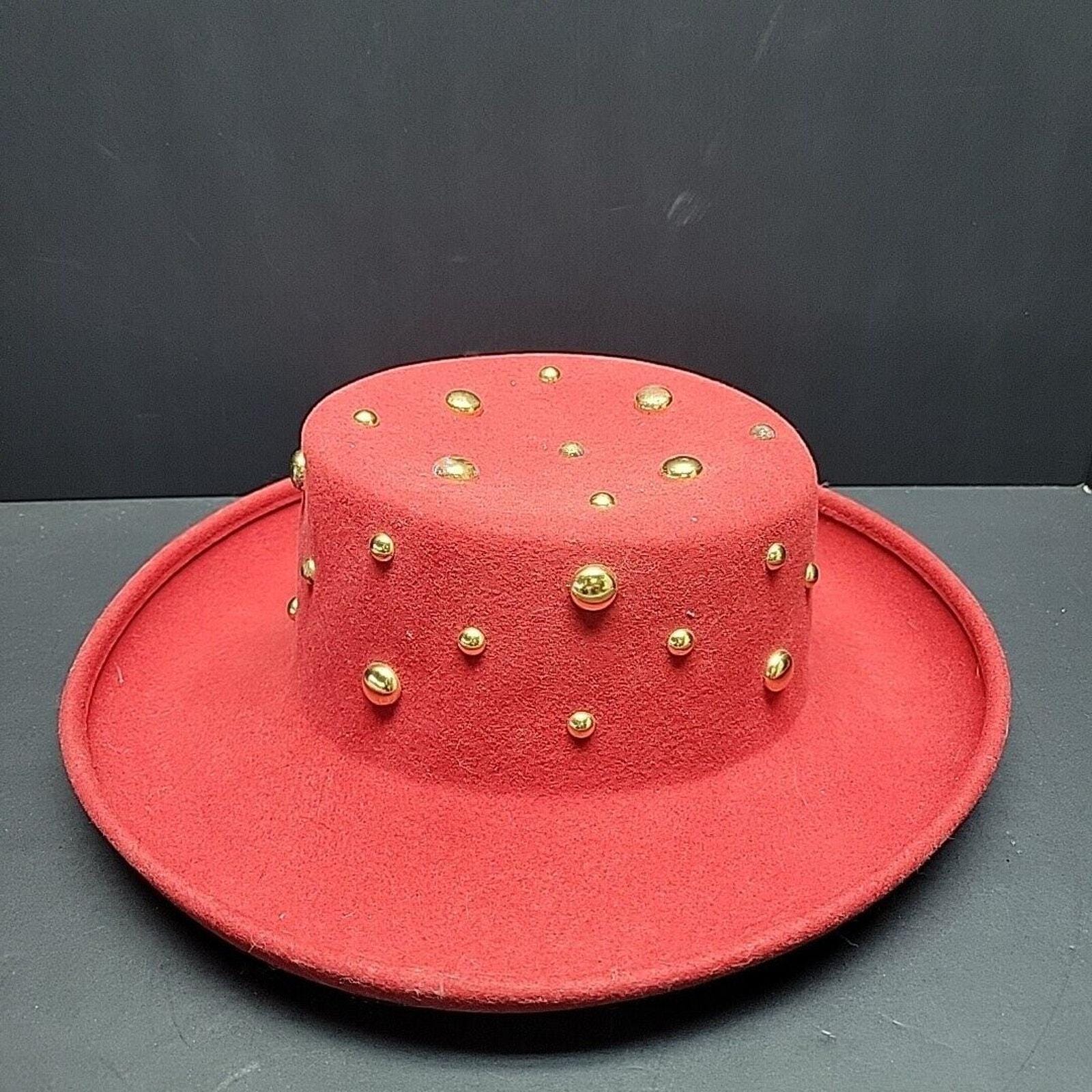 VTG Betmar NY Red Wool Hat 22 Inch Small Gold Stud Fedora Wide Brim USA LiteFelt Betmar Red Hats for Women for sale | eBay main image 2