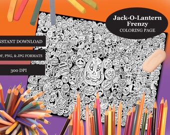 Página para colorear de Jack-O-Lantern Frenzy / Página para colorear de Halloween / Página para colorear de calabazas / Página para colorear dibujada a mano / Página para colorear detallada
