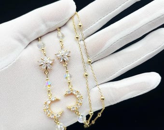Moon & Crystal Flower Glasses Chain, Gold Plated Eyeglass Holder, 29 inch