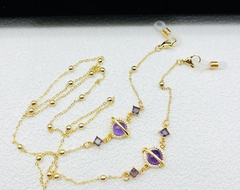 Gold Plated Purple Planet Eyeglass Chain, Women's Accessory
