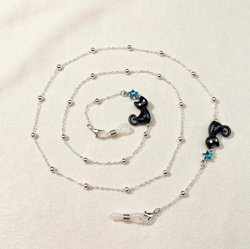 Cat Pendant Eyeglass Chain: 14K Gold Plated Kitten Glasses Strap Black kitten