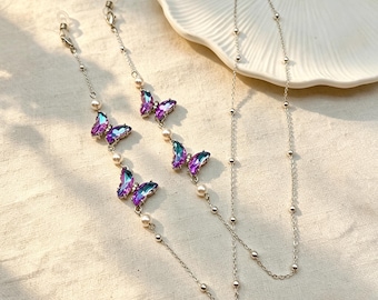 Parel, vlinder brillenketting, zonnebrillenketting voor dames, brillenketting voor om de nek