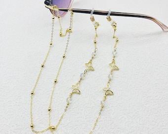 Brillenketting met vlinder en kristallen kraal, 14k vergulde damesbrillenband