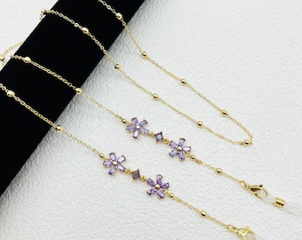 Paarse lenzenvloeistofketting met kristallen bloem, 14 kt verguld