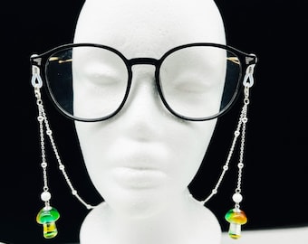 Mushroom Pendant Eyeglass Chain, Forest Beaded Glasses Accessory