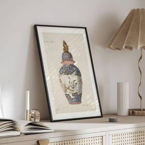 Antique French Chinoiserie Jar Print No5 | Vintage Japanese Crane Ginger Jar Wall Art Pottery, Poster, Crockery Artwork, Picture, Home Decor