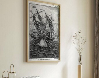 Le Poulpe Colossal | Monochrome Antique Octopus Painting, Vintage Giant Squid Print, Kraken Home Decor, Fine Wall Art Poster Picture