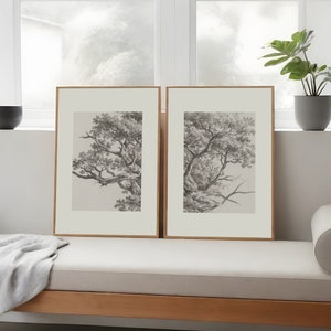 2er Set Antike Baumstudie Zeichnung Drucke | Zwei farblich passende Barend C Koekkoek Poster, Graphitstifte Wandkunst, Neutrales Kunstwerk, Wohnkultur