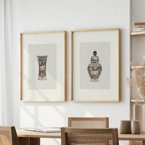 2er Set Chinoiserie Glas Illustration Prints, Zwei Stück Orientalische Vase Poster, Asiatische Wand Kunst, Französische Keramik, Antikes Wohndekor No14 15