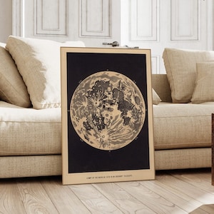 Carte vintage de la Lune | impression d'astronomie vintage, peinture, art mural lunaire, affiche céleste, image sur le thème de l'espace, décoration d'intérieur