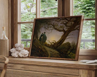 Caspar David Friedrich Two Men Contemplating the Moon | Romanticism Painting, Vintage Print, Fine Wall Art Poster Artwork Pictures