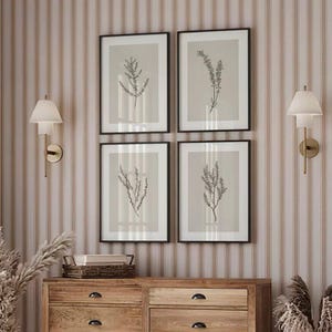 Conjunto de 4 gravuras botânicas antigas | Quatro pôsteres minimalistas com desenhos, arte de parede com folhagens em tons naturais, bege, decoração de casa com flores silvestres SP1346