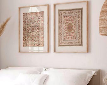 Set of Two Embroidered Silk Coverlet Prints | Indian Bedding Textile Art, Vintage Palampore Fabric Pattern, Wall Art Poster, 2 Boho Artwork