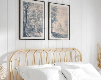 Set of 2 Isaak Major Landscape Prints | Two French Paintings, Blue Pen Ink Drawing, Vintage Countryside, Wall Art Decor, Chinoiserie Poster
