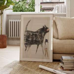 Bill Traylor Mann und Großer Hund | Vintage Gouache und Bleistift Malerei, Afroamerikaner Illustration Druck, Fine Art Wall, Poster Kunstwerk
