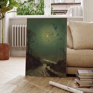 John Atkinson Grimshaw Moonlight Wharfedale | Night Landscape Road Painting, Vintage Yorkshire Print, Fine Wall Art Poster Artwork Pictures